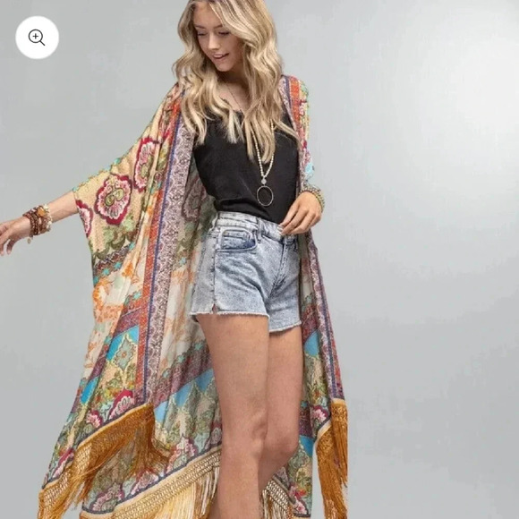 New! Boho Jaquard Print Fringe Kimono Coverup Wrap - Picture 2 of 9